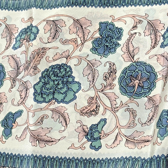 Vintage Ginnie Johansen Silk Scarf Intricate Floral Cream Pink Blue Oblong Tie - Picture 4 of 8